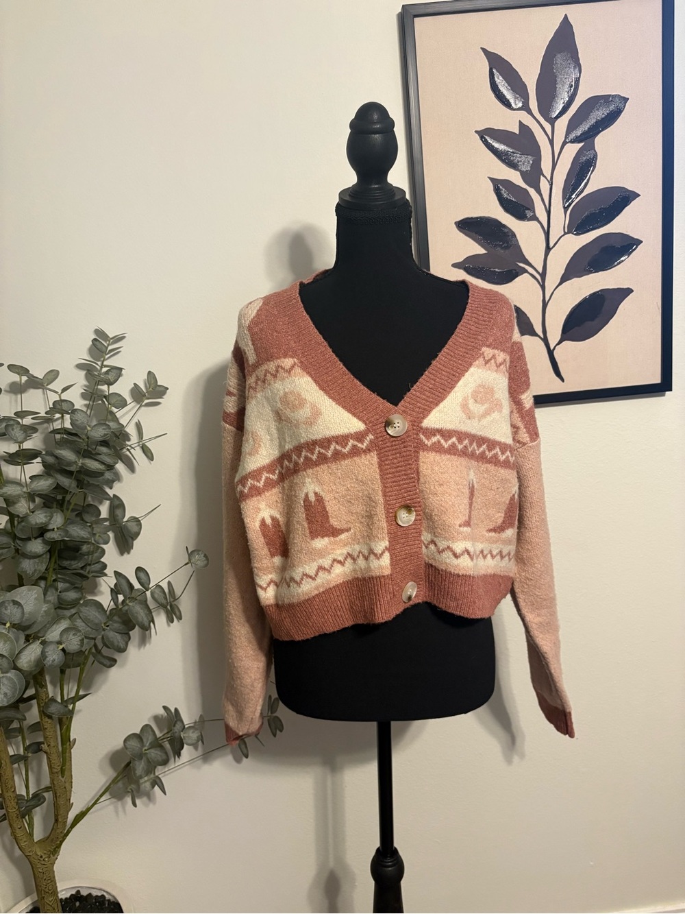 debut Dusty Rose & Cream Patterned V-Neck Cardigan